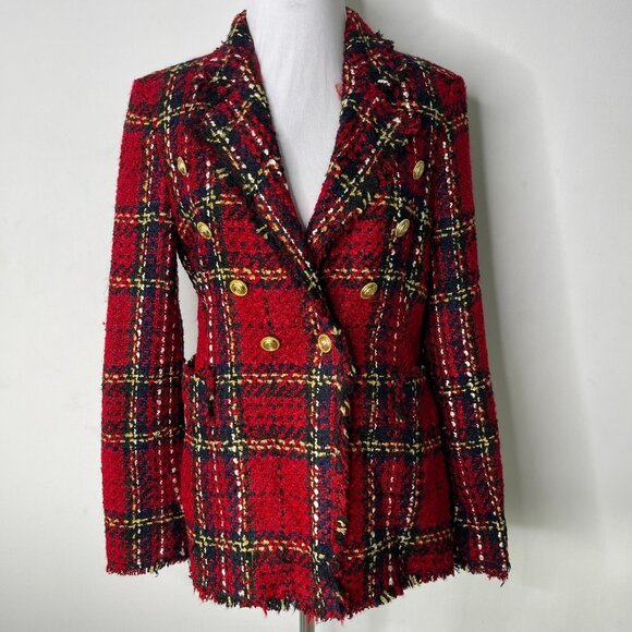 ZARA Women's Red Black Checkered Plaid Tweed Jacket Blazer Size Small - Picture 1 of 9